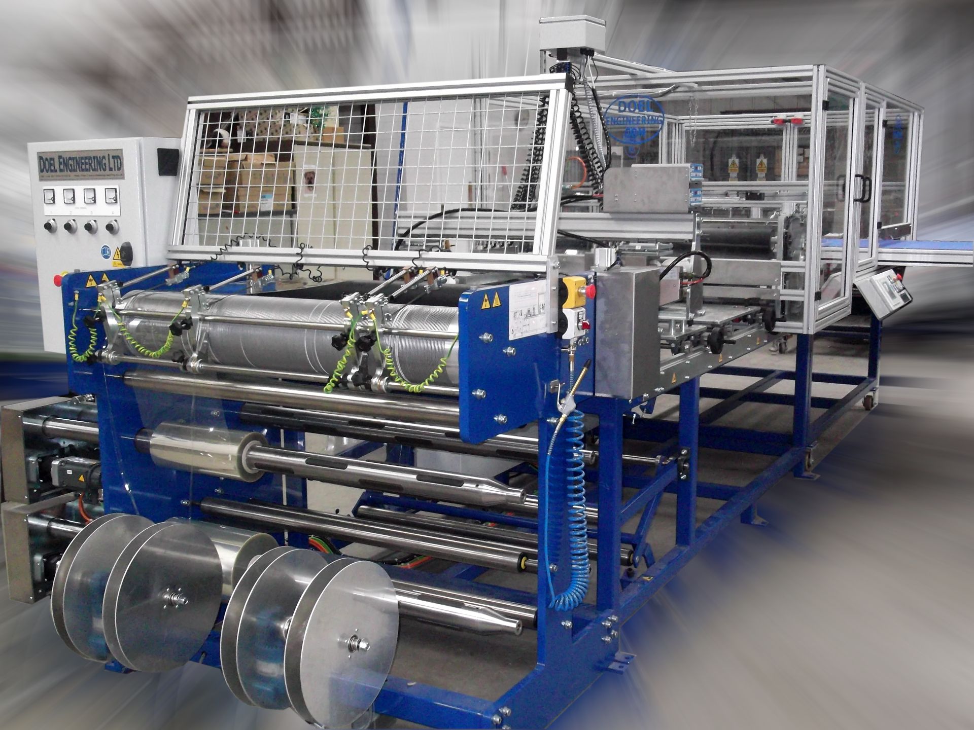 A polyester pocket machine featuring inline and cross welding plus hole punching capabilities. A polyester pocket machine featuring inline and cross welding plus hole punching capabilities.